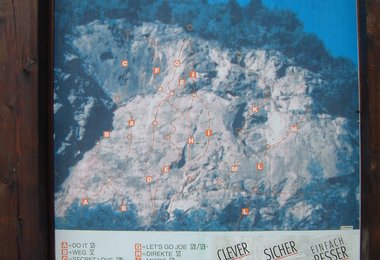 Klassischer Klettergarten mit dazugehöriger Tafel (OeAV Klettergarten Weißbach bei Lofer)