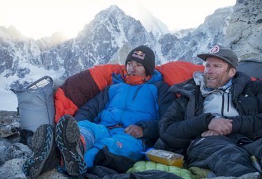 David Lama and Conrad Anker relax during their expedition to the unclimbed Lunag Ri (6907m) in the Himalayas of Nepal on November 7, 2015. (c) Servus TV / Mammut / Red Bull Content Pool