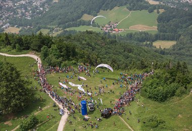 Athletes race at the turnpoint Gaisberg prior to the Red Bull X-Alps in Salzburg on June 20, 2021.