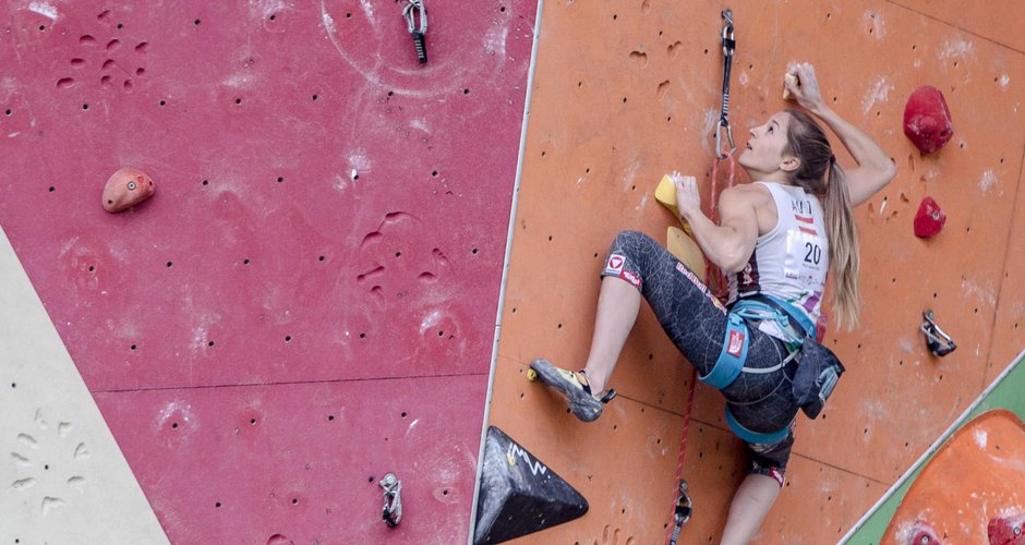 Jessica Pilz bei den Lead & Speed Staatsmeisterschaften in St.Barbara im Mürztal. (Foto: KVÖ / Moritz Liebhaber)