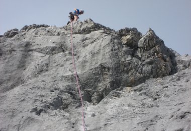 Thomas am Ende der Schlusswand (32. Seillänge)