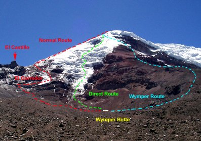 Die Routen von der Wymper Hütte aus - in rot der Normalanstieg