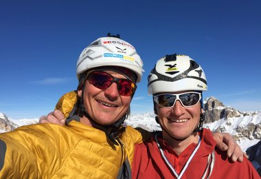 Simon Gietl und Gerry Fiegl nach der Winterbegehung der Route Wassenlos (Cima Scotoni)