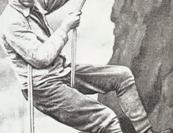 Hans Dülfer seilt sich mit der von ihm erfundenen Technik ab, etwa 1910