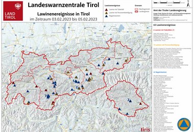 Abb. 4: Verteilung der Lawinenereignisse in Tirol im Zeitraum 03.-05.02.2023. (Quelle: Leitstelle Tirol)