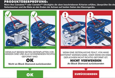 Wenn Ihre Camalots™ oder Camalot™ Ultralights die oben beschriebenen Kriterien erfüllen, überprüfen Sie die Seitenlaschen und die Niete an den Enden der Achsen auf beiden Seiten des Klemmgeräts.