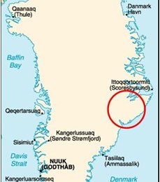 Grönland. In Rot das Ziel der Expedition