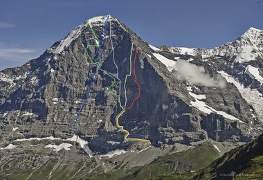 Eiger Nordwand/Eiger Northwall:  grün/green: Heckmaier   Routes which Robert + Roger freed together:  blau/blue: Harlin Direttissima grau/grey: Japaner Direttissima gelb/yellow: Odyssee rot/red: Piola