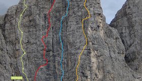 Übersicht 2. Sellaturm Norwand mit den Routen: Fata Morgana 7-, Messner Führe 6-, Rabanser 7 und Kansnapoff 5+