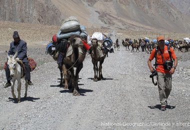 Kamelführer auf dem Esel vorweg der Karawane  © National Geographic/Gerlinde Kaltenbrunner