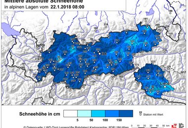 Die Schneehöhen in Tirol am 22.1.2018.
