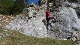 Der knackige Einstieg des Weißsteinalm Klettersteiges