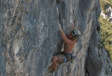 Ondra Benes an der Schlüsselstelle (5te Seillänge)