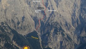 Übersicht Hochtor Nordwand mit der Route Silentium