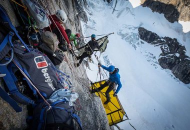 Setting up a port a ledge camp high on the Mirror Wall (c) Berghaus-Matt-Pycroft-Coldhouse-Collective