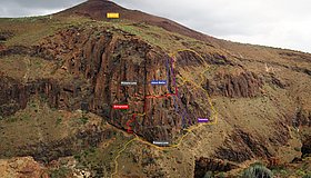 Übersicht El Berriel mit den Klettersteigen Extraplomix, Primera Luna, Jesus Beitia und der Via Cordata Telarana