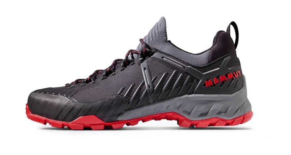 Man sieht hier gut die bis zur Sohle verlaufende Schnürung in der Mitte des Schuhes.