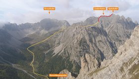Der ungefähre Routenverlauf des Spitzkofel-Steig Klettersteig - unten die Kerschbaumeralm