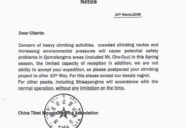 Das offizielle Schreiben der China Tibet Mountaineering Association.