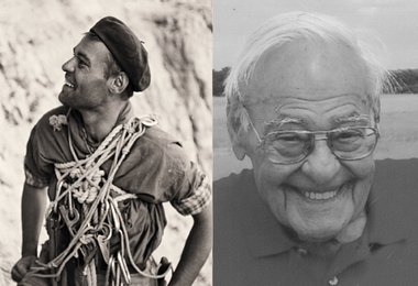  Li.:  Karl Lukan nach der vierten Begehung der "Fox/Stenico" in der Südostwand der Cima d'Ambiez/Brentagruppe in den 50er-Jahren; re: Karl Lukan kurz vor seinem 90. Geburtstag