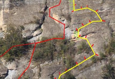 Der Känzele-Klettersteig. Rot: bestehender Klettersteig; Gelb: die geplante Erweiterung
