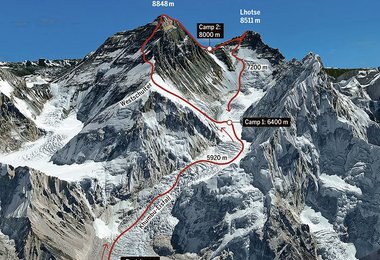 Route und Camps der Everest-Lhotse Traverse (c) Archiv Ueli Steck