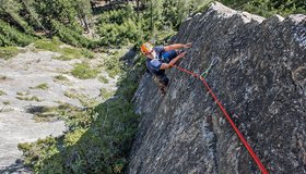 Die anspruchsvolle Ausstiegsseillänge des Pfeilerweges; Foto: Johannes Reiter