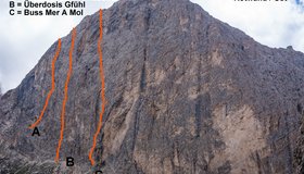 Die Ostwand der Rotwand mit den eingezeichneten Routen