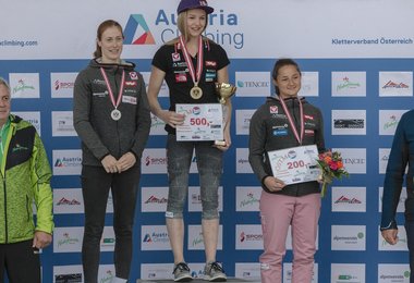 Das Podium der Lead & Speed Staatsmeisterschaften in St.Barbara im Mürztal. (Foto: KVÖ / Moritz Liebhaber)
