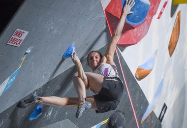Jessica Pilz of Austria during the final of Women Boulder competition of the IFSC Climbing World Championships 2018. Innsbruck (c) Johann Groder