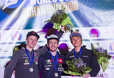 Das Herrren-Podium des IFSC Climbing Worldcups 2018 in Chamonix/FRA. (Foto: Heiko Wilhelm)