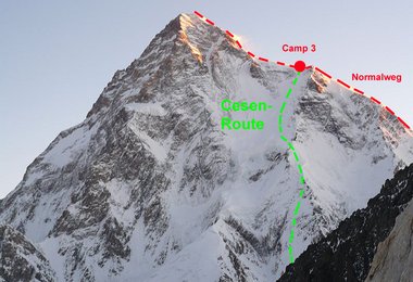 In Rot der Normalweg und in Grün die Cesen-Route auf der Gerlinde und Ralf aufsteigen.