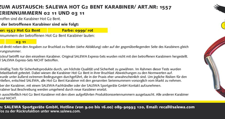 Rückruf Salewa Hot G2 Bent Karabiner in der Farbe ROT