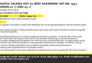 Rückruf Salewa Hot G2 Bent Karabiner in der Farbe ROT