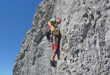 Albert Precht bei der Erstbegehung am Gamsleitenkopf; Foto: Robert Joelli