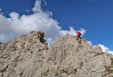 Auf der Leiter, welche mit schwarzen Plastik-Kabelbindern am Fels fixiert wurde.