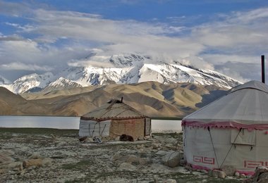 Jurtenbehausung am KARA KUL See mit Blick auf unser Ziel