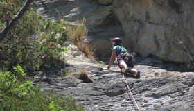 Platte im Mittelteil der letzten Seillänge der Route  Fünfer Pfeiler an der Stafflacher Wand