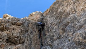 Die erste schwere Länge; eine richtig coole Verschneidung - Innerkoflerturm Via del Calice