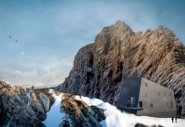 Die Illustration der neuen Seethalerhütte, hinter der Gipfel des Dachsteins