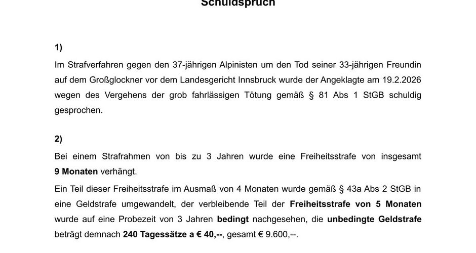 Medieninformation Erfrierungstod am Großglockner Schuldspruch