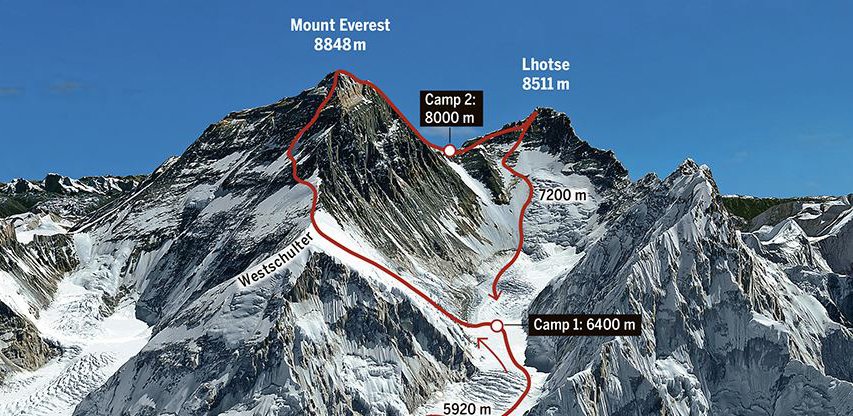 Route und Camps der Everest-Lhotse Traverse (c) Archiv Ueli Steck / RealityMaps.de
