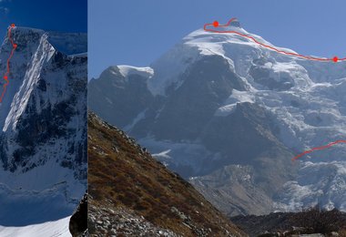 Lines show the route of acent and descent at Sersank with blobs being bivouacs (c) Berghaus