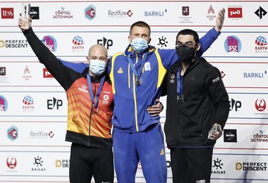 v.l.n.r.: Erik Noya Cardona of Spain, Danyil Boldyrev of Ukraine, Noah Bratschi of the United States of America (c) Dimitris Tosidis/IFSC