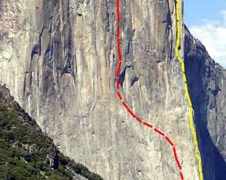 Die 1000 m hohen Wände des El Capintan. In Rot = Freerider, in Gelb = Nose