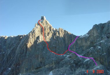 Der Routenverlauf, in Rot der Skywalk-Klettersteig, in Rosa der Hunerscharten-Steig; alle Fotos Karl Höflehner - Planai-Hochwurzen-Bahnen GmbH