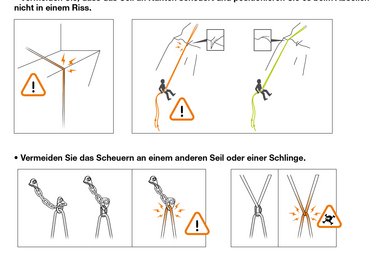 Vermeiden Sie, dass das Seil an Kanten scheuert und positionieren Sie es beim Abseilen nicht in einem Riss.