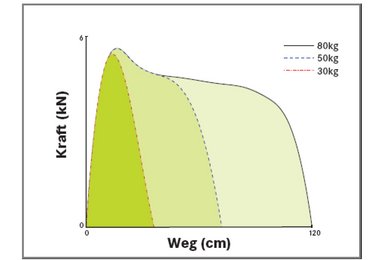 Abb1: Unterschiedliche Bremskraftverläufe bei einem herkömmlichen Klettersteigset mit 30 kg , 50 kg und 80 kg