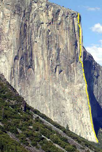 Der El Cap mit 'The Nose' (in Gelb eingezeichnet) - 1000 m senkrechter Granit