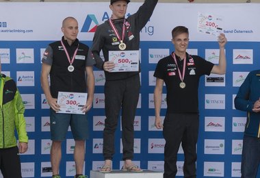 Das Podium der Lead & Speed Staatsmeisterschaften in St.Barbara im Mürztal. (Foto: KVÖ / Moritz Liebhaber)